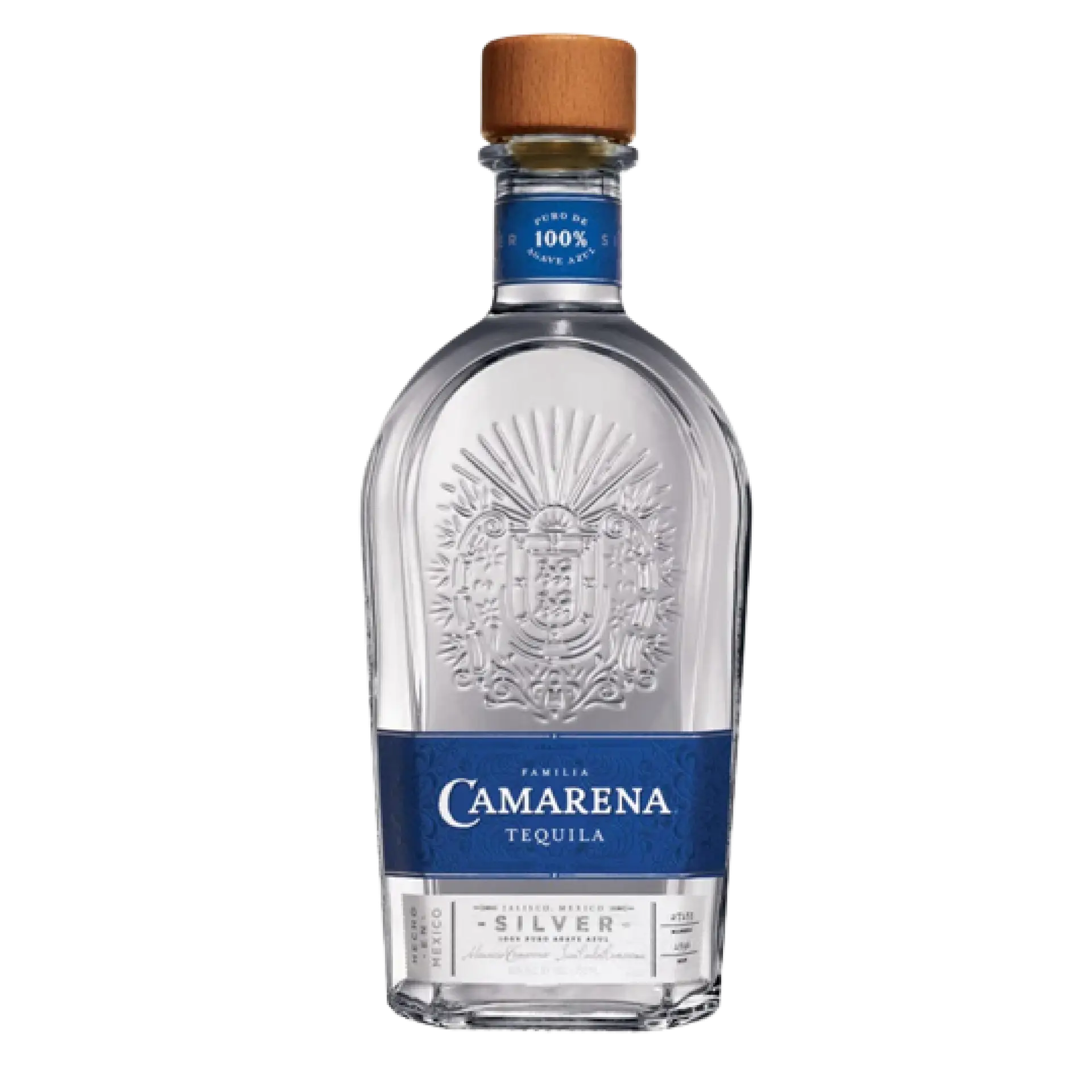 Buy Familia Camarena Silver Tequila 750mL, clear bottle with blue label and wooden cap.