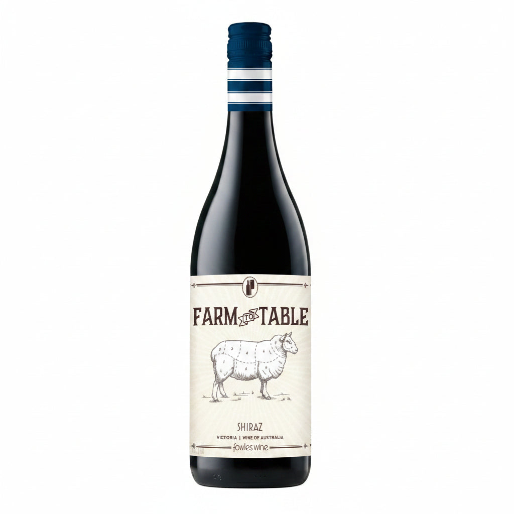 Bottle of Farm To Table Shiraz red wine in a 750mL bottle with a label featuring farm-themed artwork and elegant design.