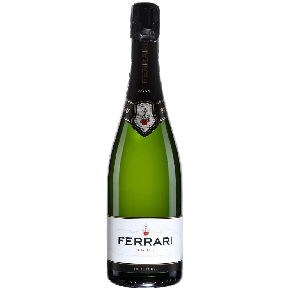 Buy Ferrari Brut 750mL sparkling wine bottle with black and white label, Italian brut