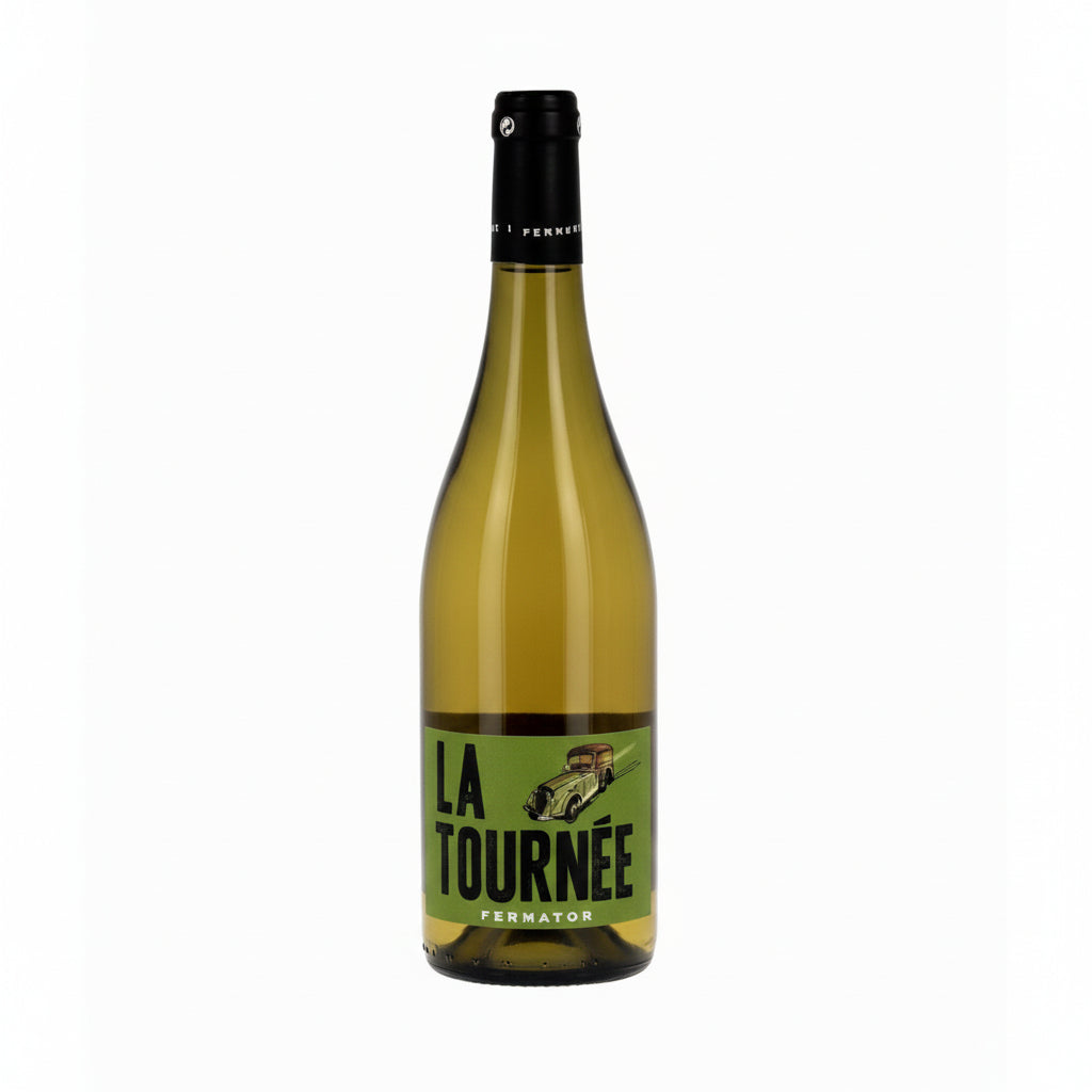 Bottle of Ferraton La Tournee Blanc white wine with a label featuring vineyard imagery and elegant branding.