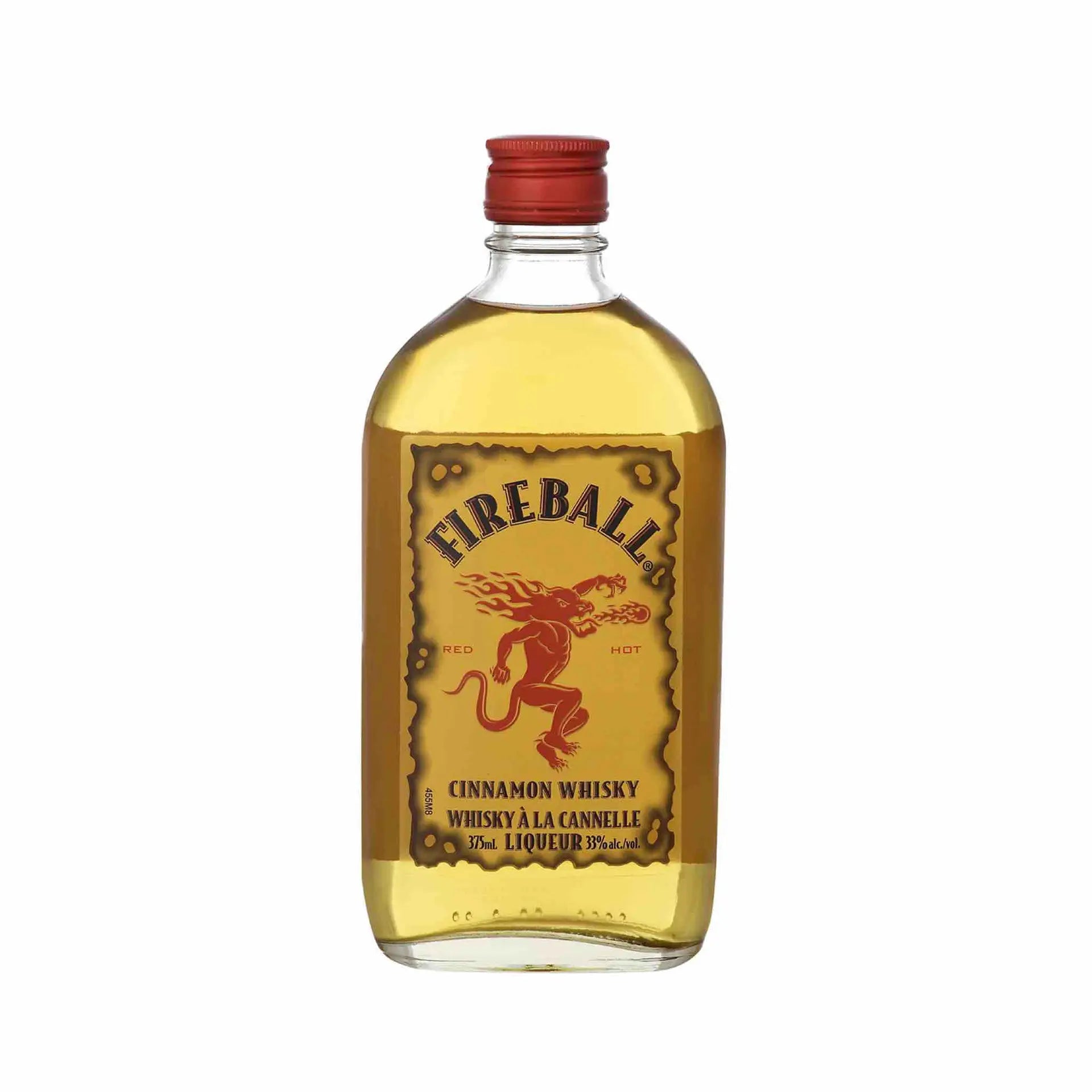 Buy Fireball Cinnamon Whisky 375mL, Canadian whisky liqueur with red cap and yellow label.