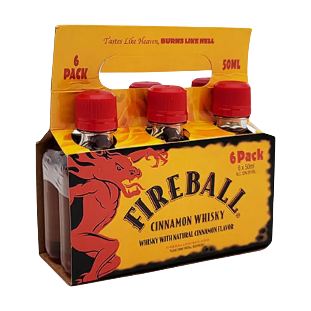 Buy Fireball Cinnamon Whisky 6 pack, 50ml bottles, spicy flavored whisky miniatures.