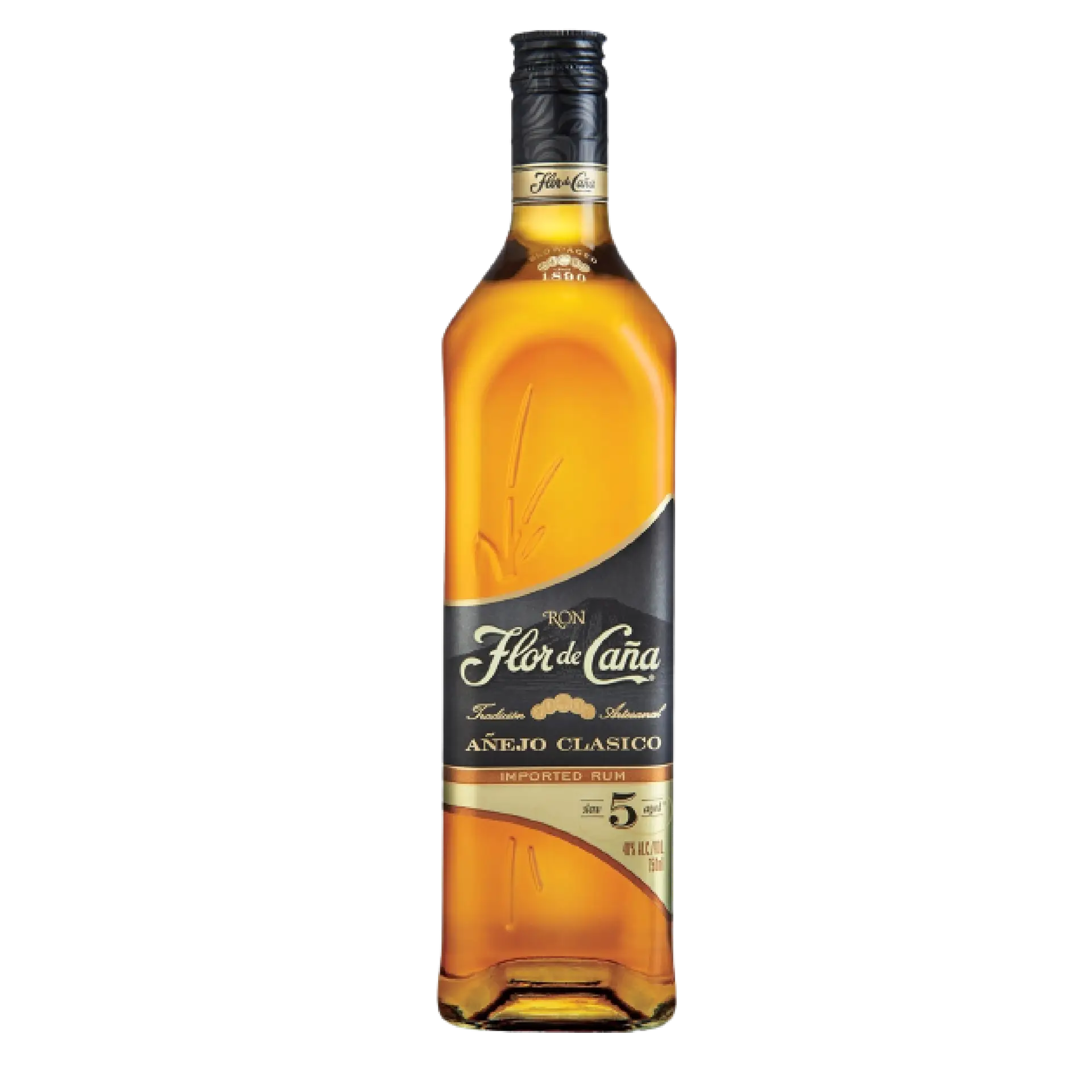 Buy Flor de Cana Clasico 5 year rum 750mL, amber liquor bottle with black and gold label