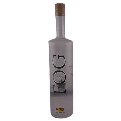 Clear bottle of Fog Vodka with a minimalist label, showcasing the transparent glass and sleek design.
