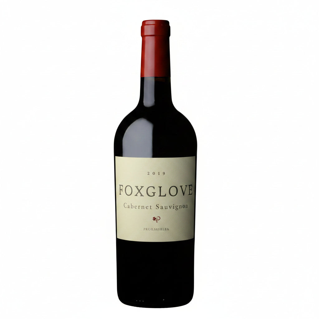 Bottle of Foxglove Cabernet Sauvignon red wine in 750mL glass bottle with label displaying the Foxglove brand and wine details.