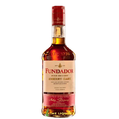 Buy Fundador Brandy, fine sherry cask brandy bottle with red and gold label on white background