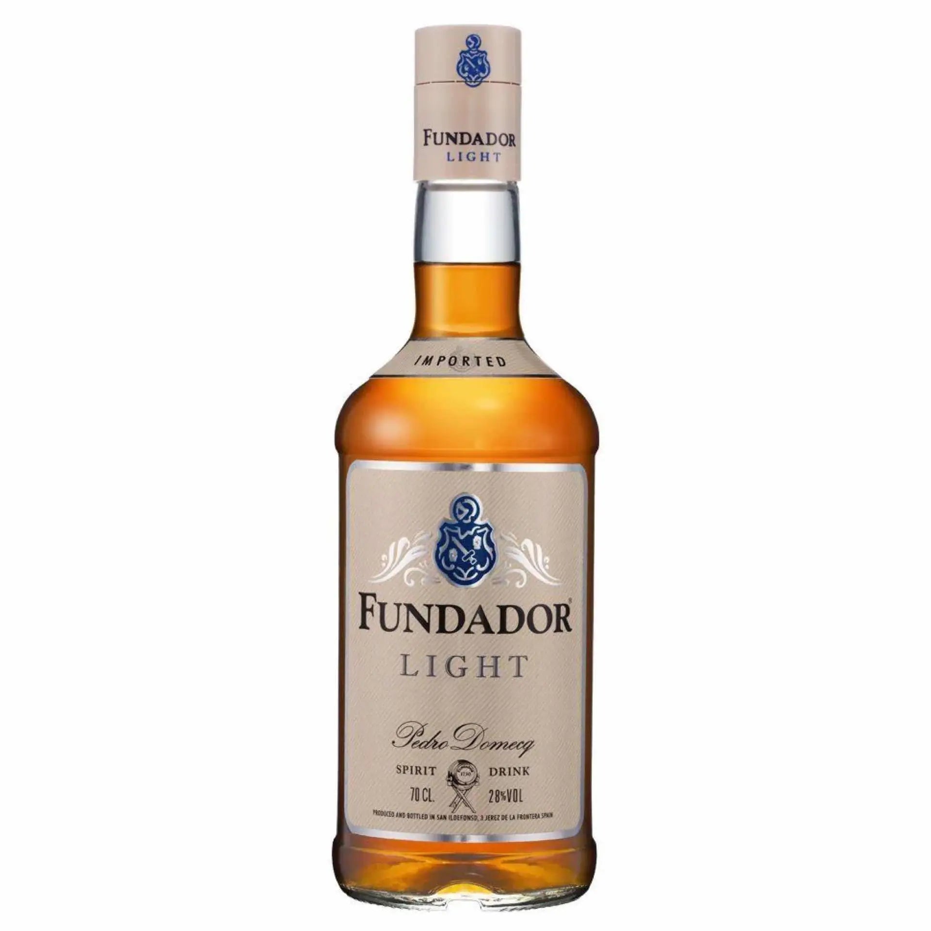 Buy Fundador Light 750mL, imported light spirit drink in a clear bottle with beige label.