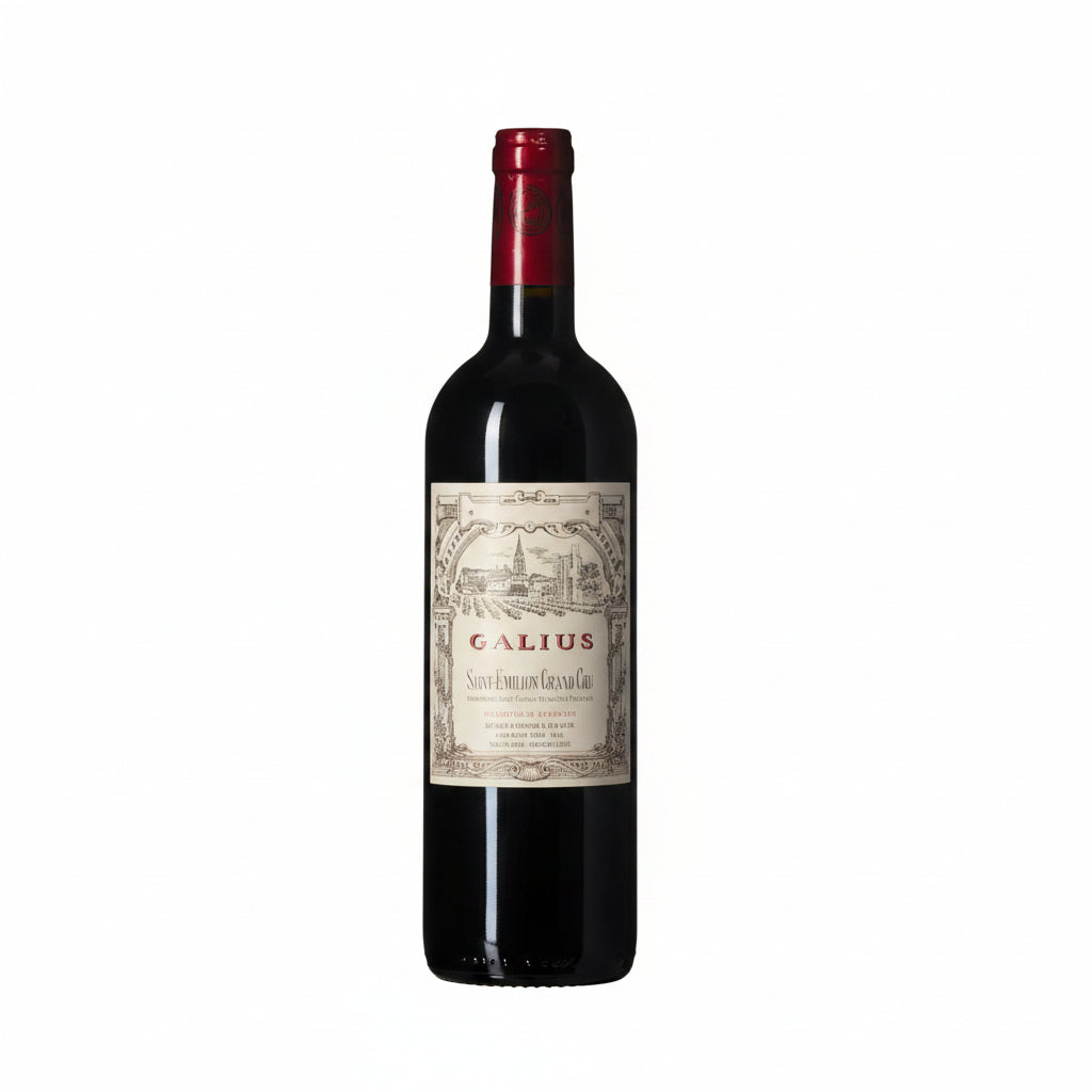 Bottle of Galius Saint Emilion Grand Cru red wine with a classic label and deep red color in a wine glass.