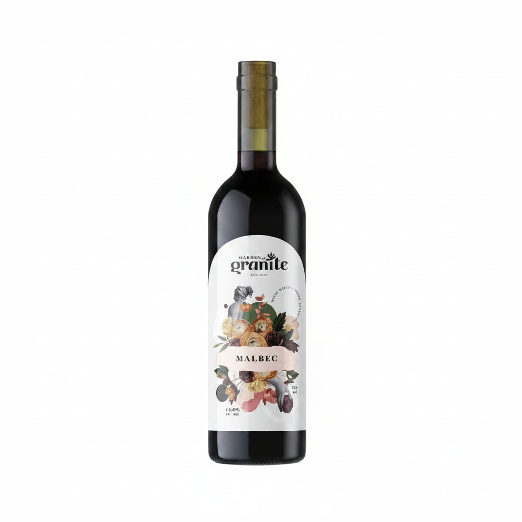 Bottle of Garden of Granite Malbec wine, 750mL, featuring a dark glass bottle with a colorful label.