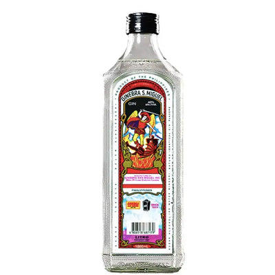 Ginebra San Miguel Hari 1L bottle, clear glass with label, showcasing the popular gin brand in a 1-liter size.