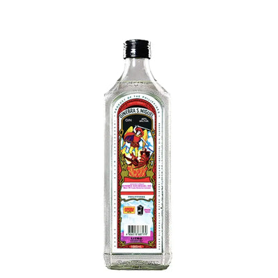 Bottle of Ginebra San Miguel Hari 1L gin with clear label and cap, showcasing the 1-liter size and branding.