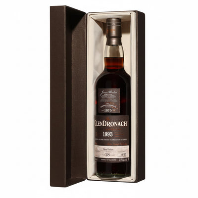 Bottle of Glendronach 23-year-old single malt Scotch whisky with vintage 1993 label and dark amber liquid inside.