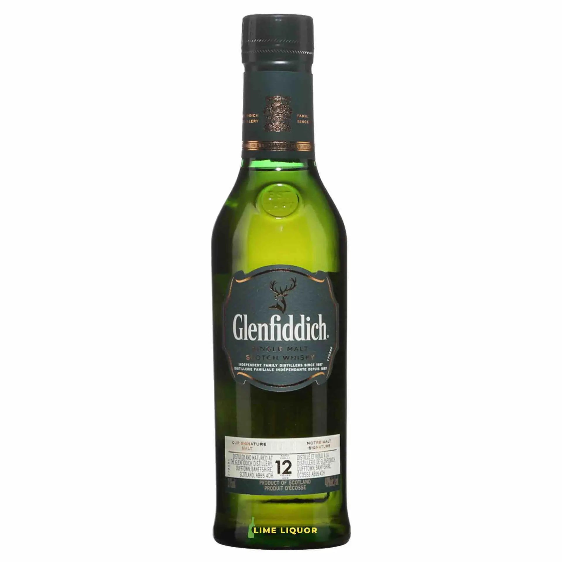 Buy Glenfiddich 12 Year Old Single Malt Scotch Whisky 375mL, green bottle, whisky label