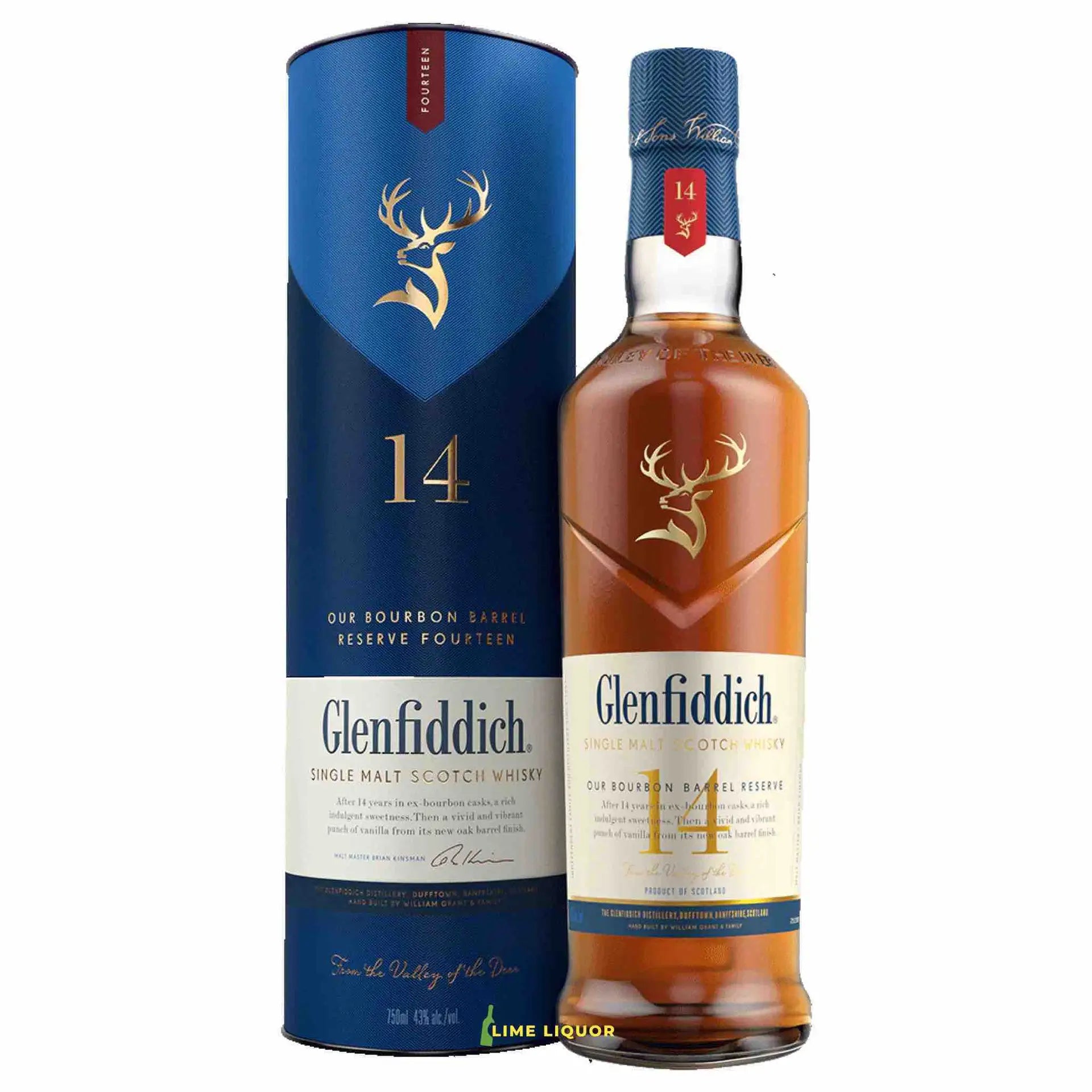 buy Glenfiddich 14 Year Old Bourbon Barrel Reserve 750mL, single malt scotch whisky bottle and box
