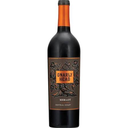 Bottle of Gnarly Head Merlot wine in a 750mL glass bottle with a dark label and cork closure.