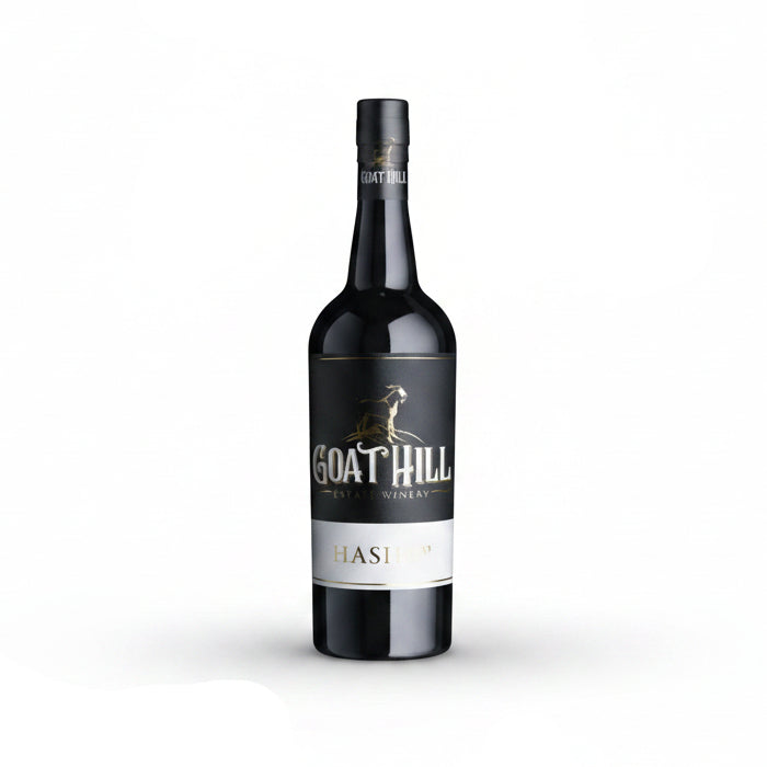 Bottle of Goat Hill Estate Winery Signature Series wine, 750mL, with label featuring elegant design and winery branding.