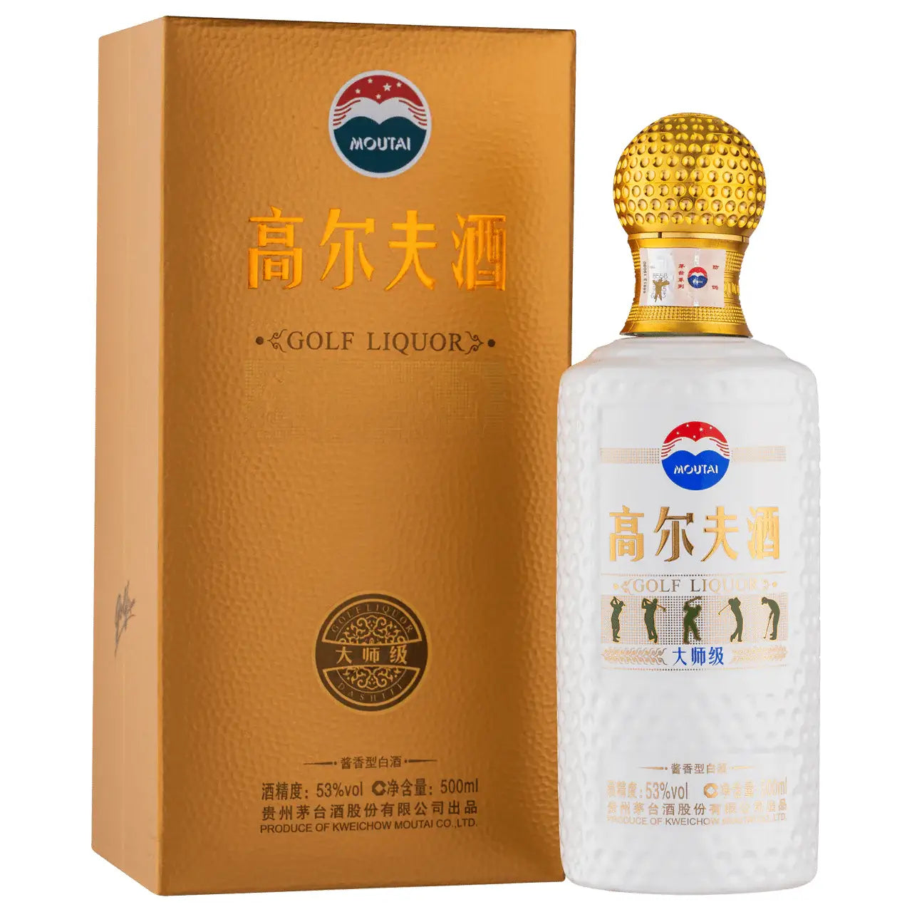 Buy Golf Liquor, Moutai bottle with gold cap next to gold box, 500ml, 53% alcohol