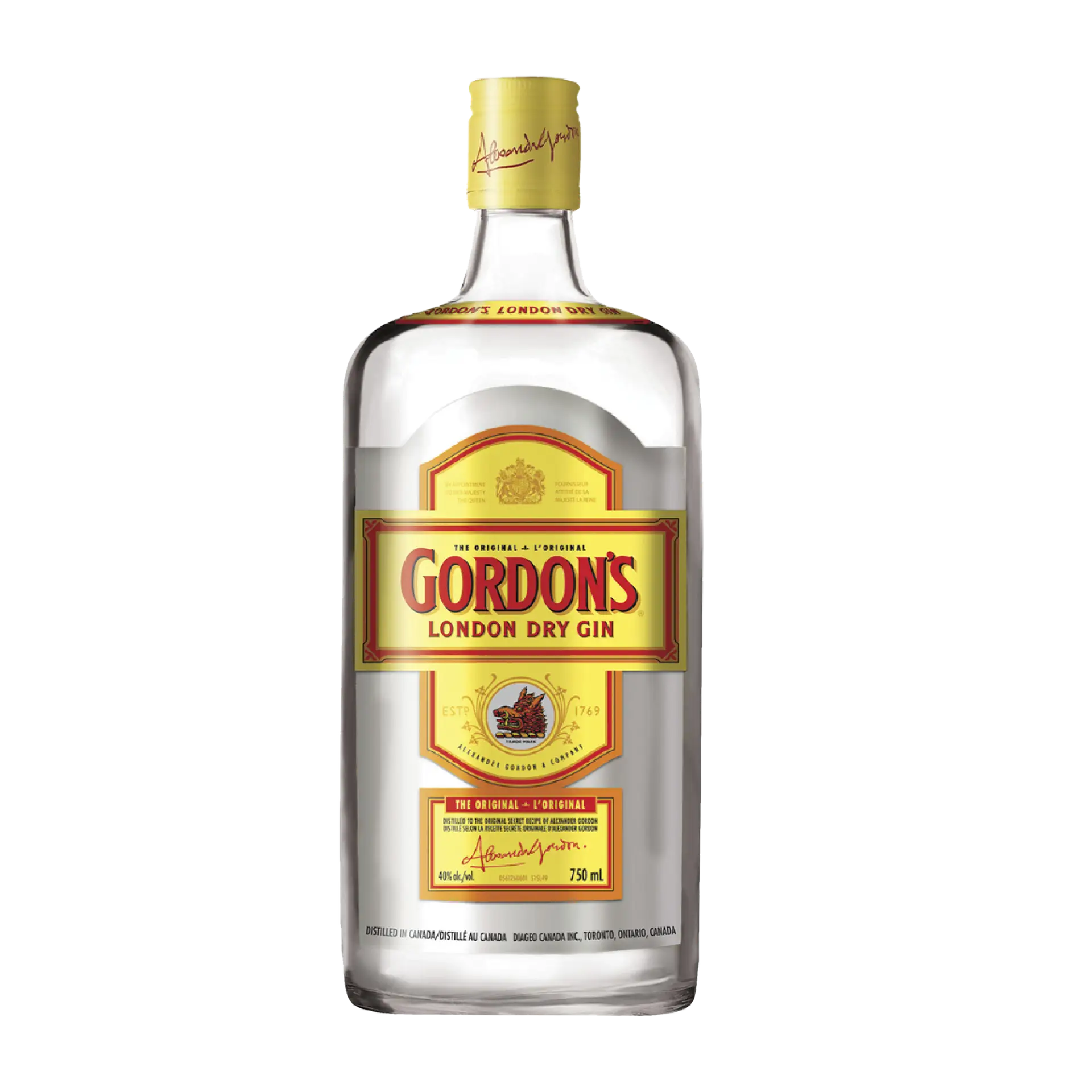 Buy Gordon's London Dry Gin, 750ml bottle with yellow label and red accents.