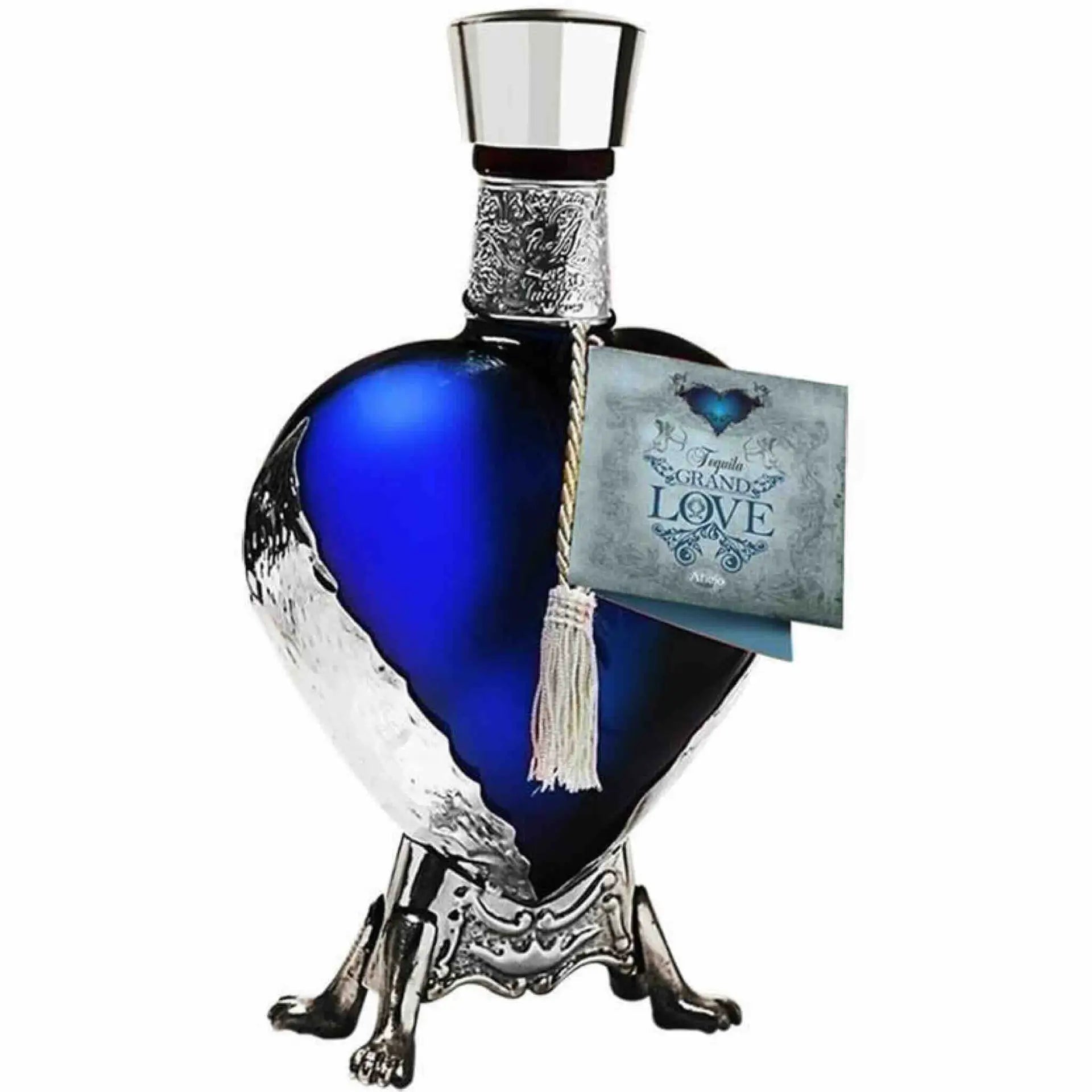 Buy Grand Love Blanco heart-shaped blue and silver tequila bottle with decorative tag