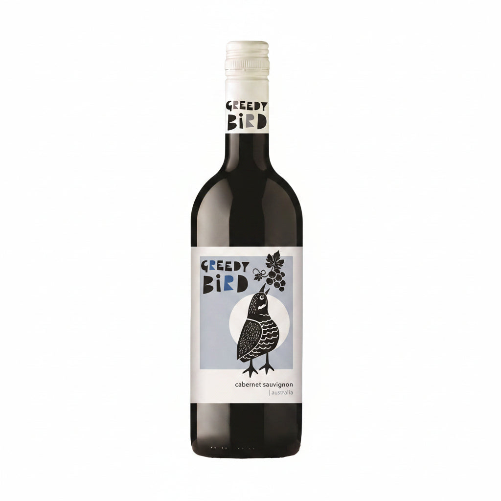 Greedy Bird Cabernet Sauvignon 750mL bottle with a label featuring a colorful bird illustration and vineyard scenery.