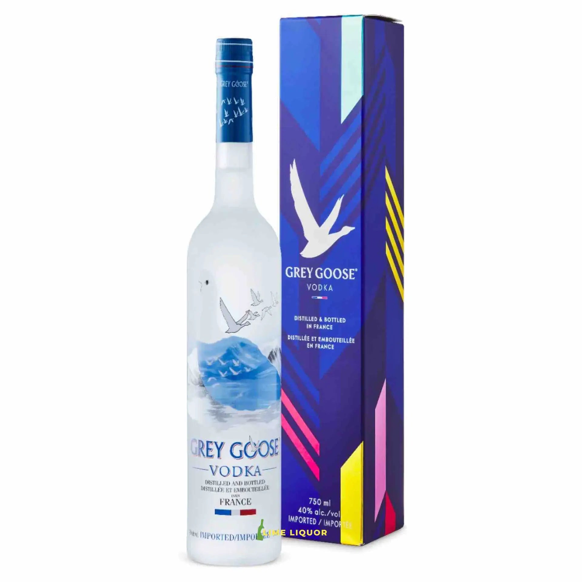 Buy Grey Goose Vodka 750ml gift box with colorful packaging and clear bottle