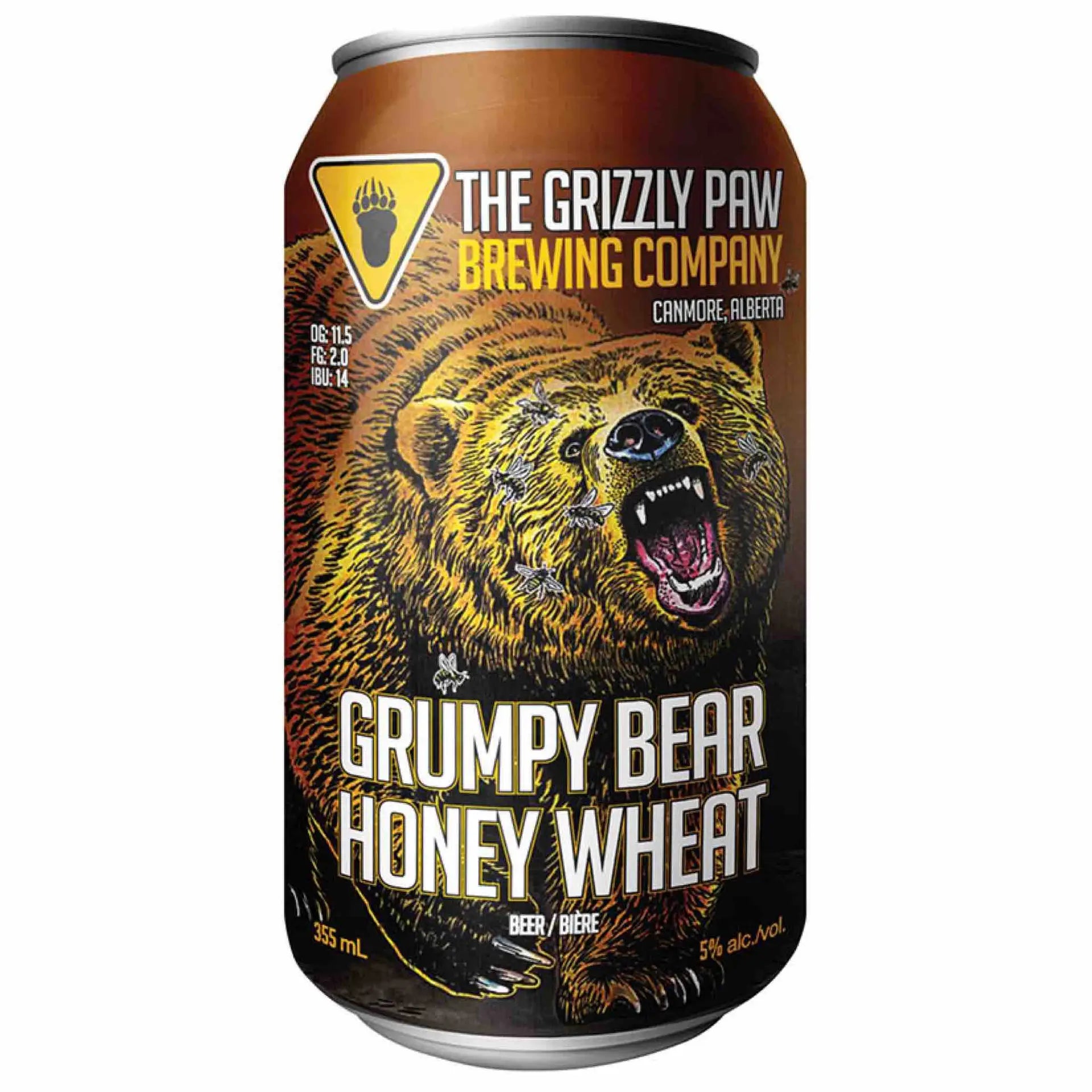 Buy Grumpy Bear Honey Wheat beer can featuring illustrated roaring bear, 355 mL, 5% ABV.