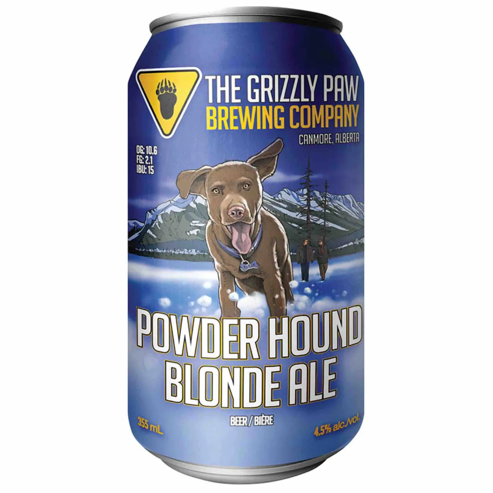 Buy Powder Hound Blonde Ale can featuring a dog, mountains, and blue label design