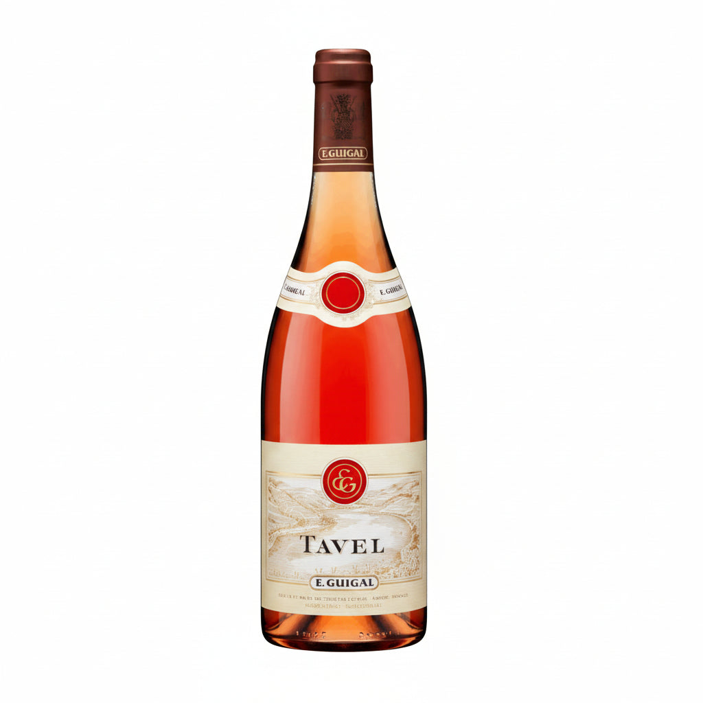 Bottle of Guigal Tavel Rosé wine with a pink label and clear glass bottle, showcasing the vibrant pink wine inside.