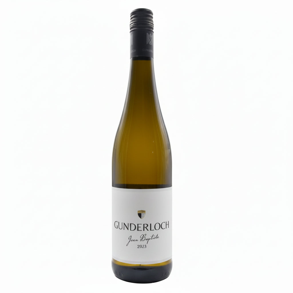 Gunderloch Hasselbach Riesling Feinherb 750mL wine bottle with label and clear glass showcasing the light, golden-colored Riesling.