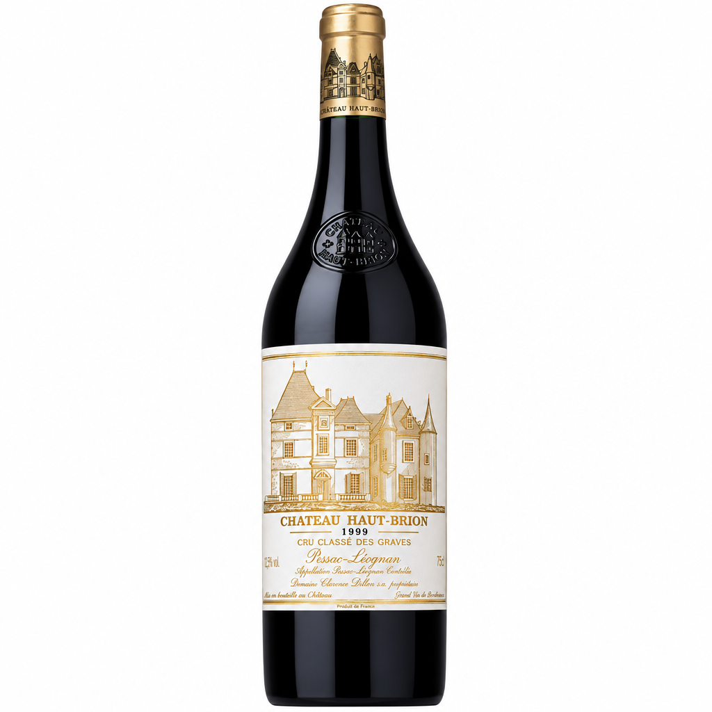 Bottle of Chateau Haut Brion 1999 red wine with label visible in a glass display image.