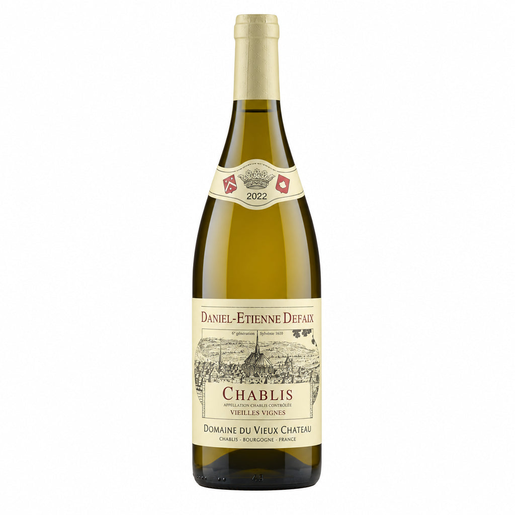 Bottle of Domaine Daniel-Etienne Defaix Chablis Vieilles Vignes 2022 wine with a clear label and green glass bottle.