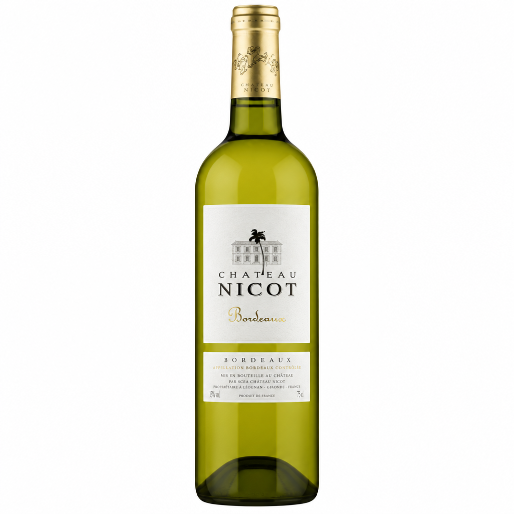 Chateau Nicot White wine bottle with label featuring white and gold accents, positioned upright on a plain background.