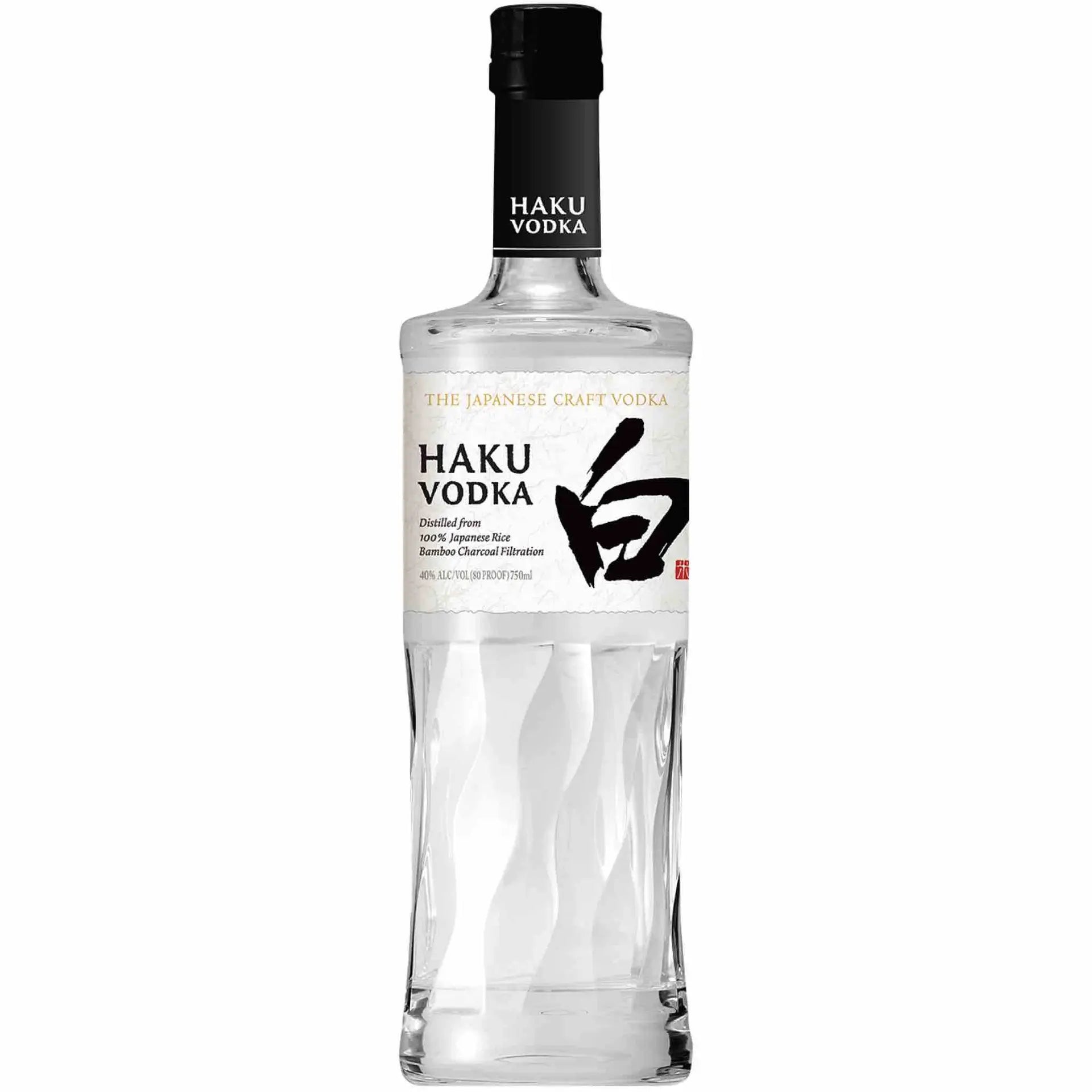 Buy Haku Vodka, a clear Japanese craft vodka bottle with black cap and white label.