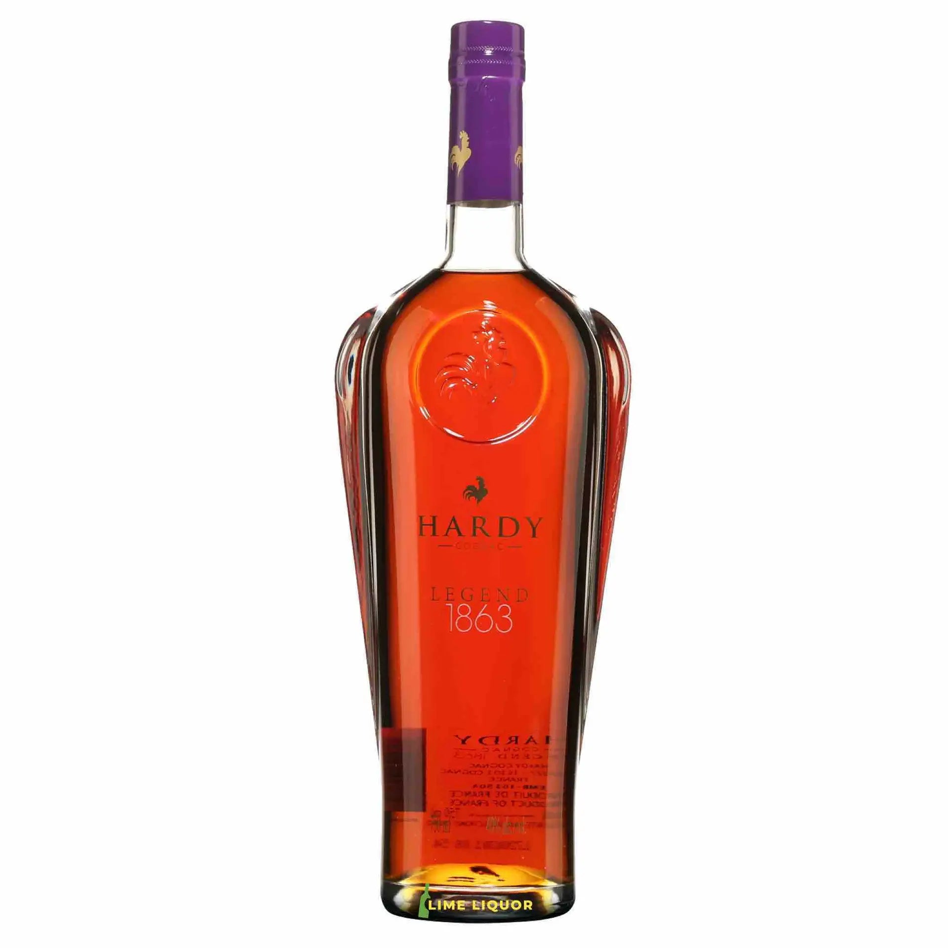 buy Hardy Legend 1863 Cognac 750mL, elegant bottle with purple cap and amber liquid