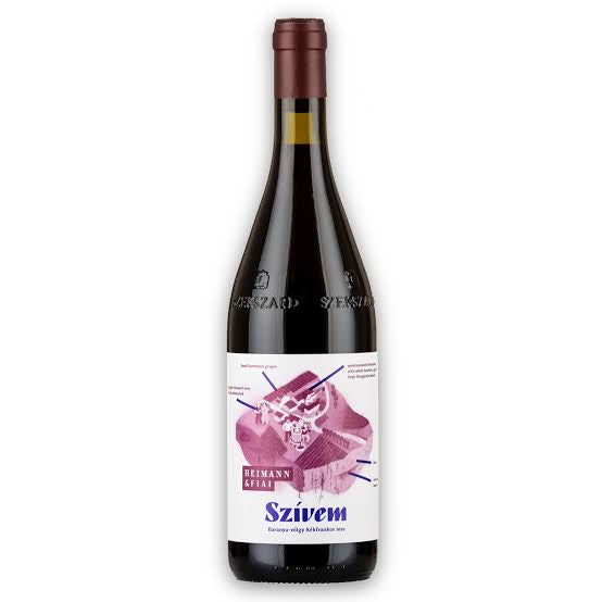 Heimann Szivem Kekfrankos red wine bottle 750mL with label and cork, showcasing the Heimann brand and vibrant packaging.