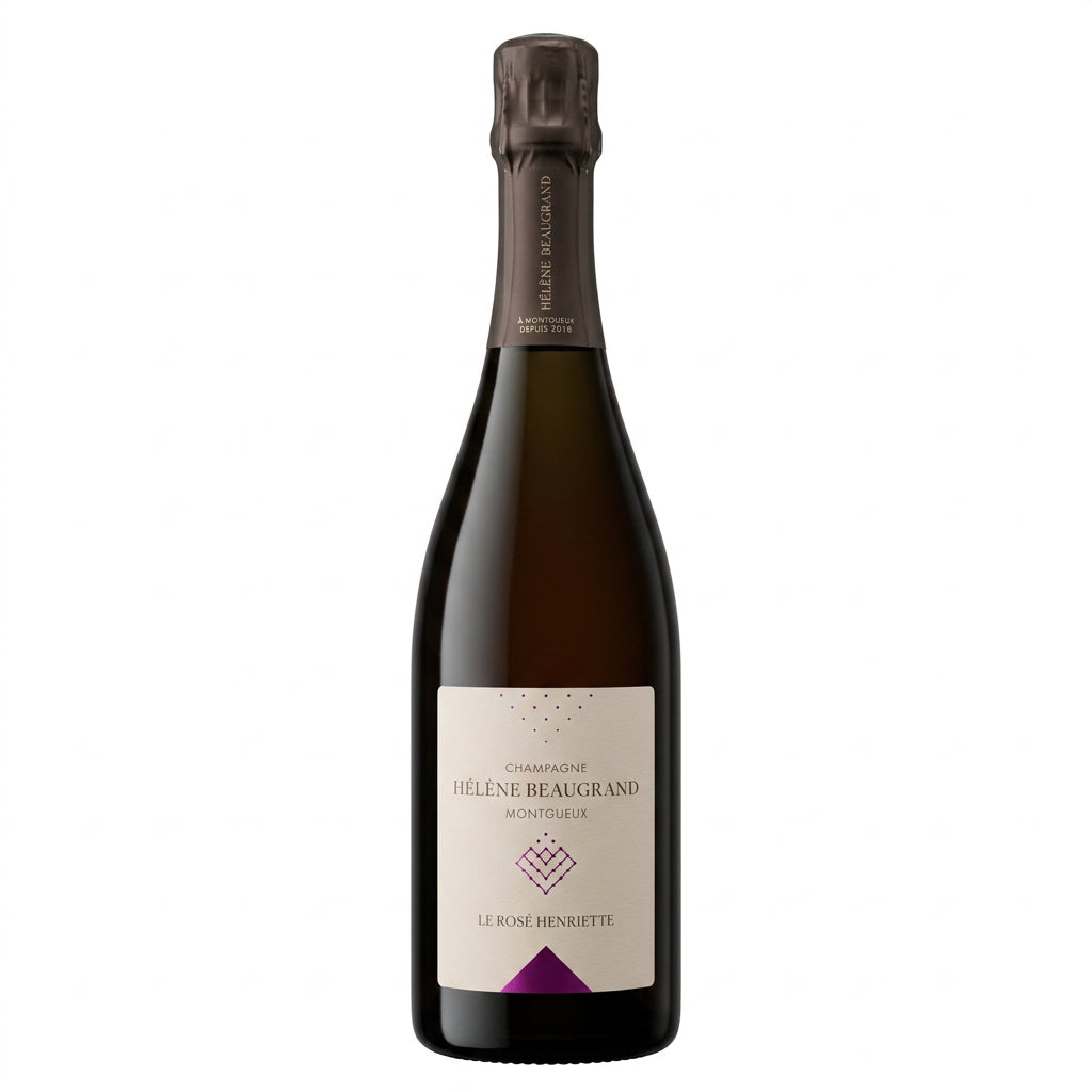 Champagne Helene Beaugrand Le Rose Henriette bottle with elegant label and pink hue, showcasing a premium sparkling wine.
