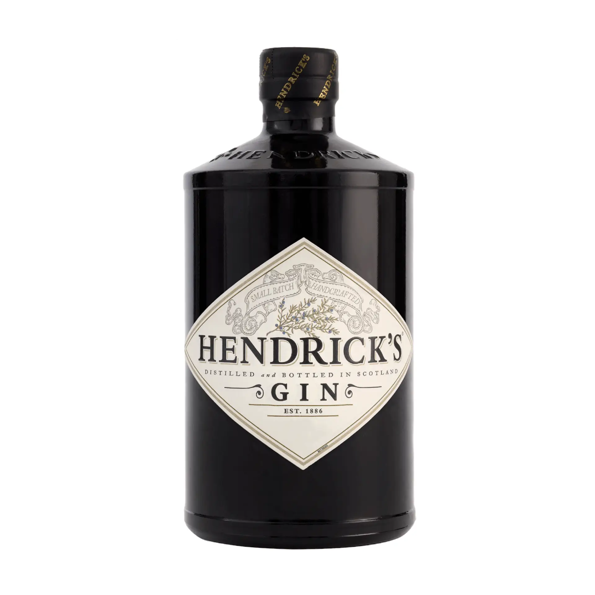 Buy Hendrick's Gin, black bottle with white label, premium distilled spirit