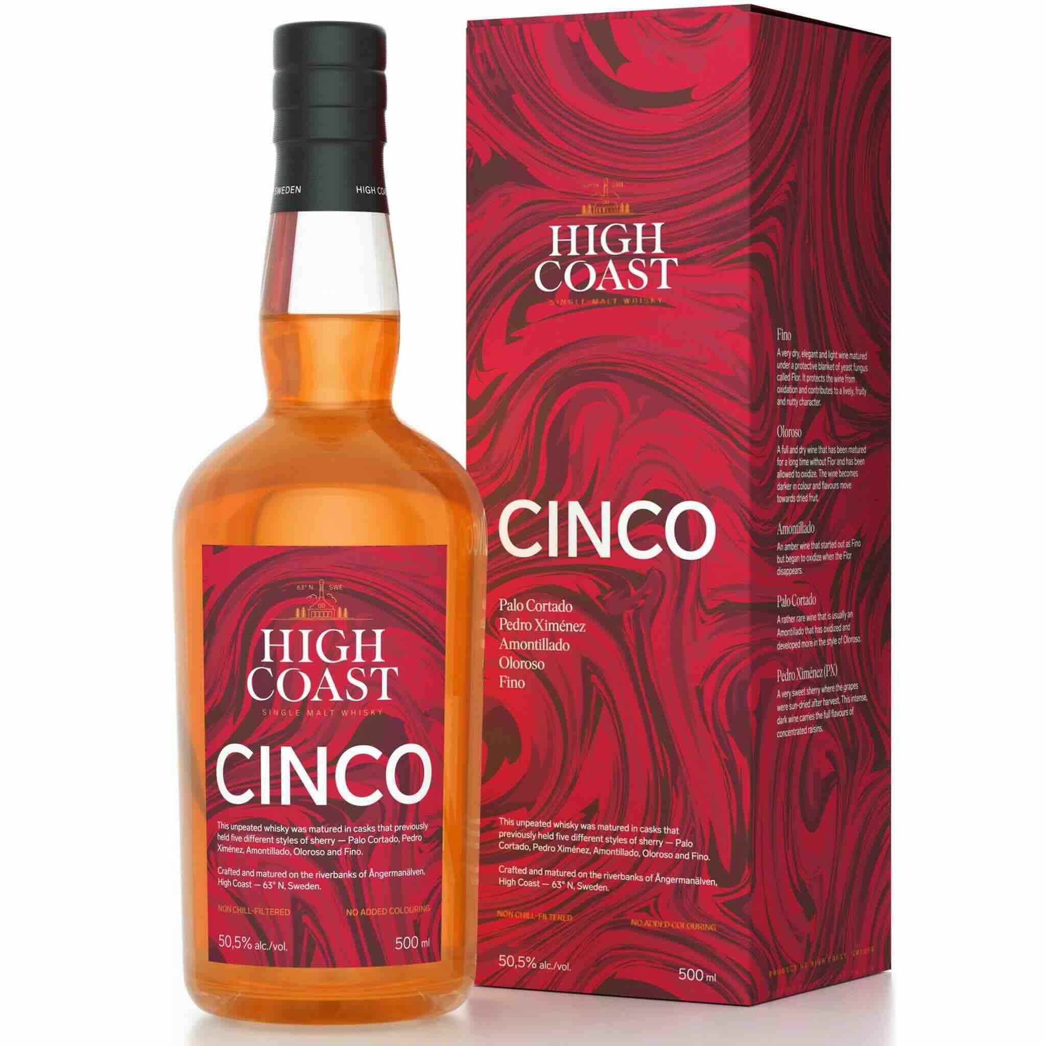 Buy High Coast Cinco single malt whisky in red box, 500ml bottle, sherry cask finish