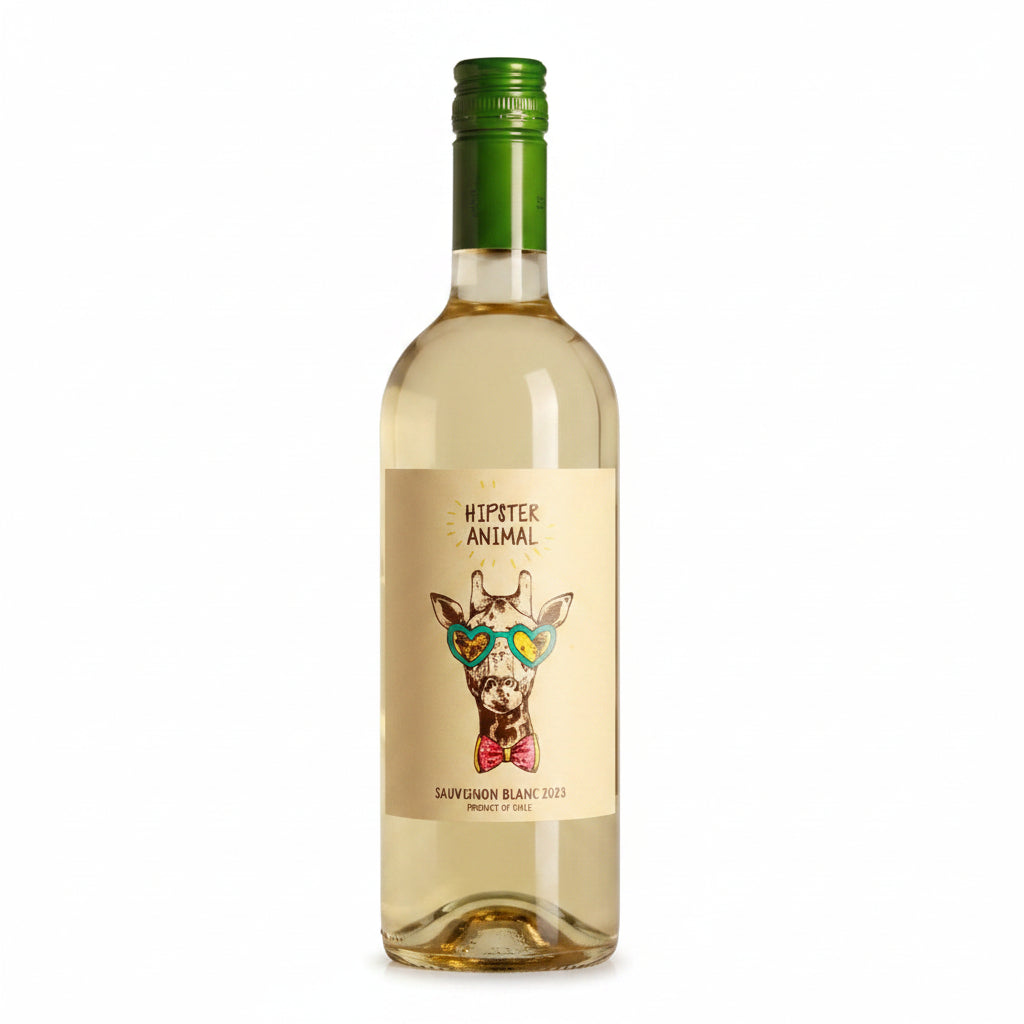 Bottle of Hipster Animal Sauvignon Blanc 750mL with a colorful label featuring animal artwork and vineyard imagery.