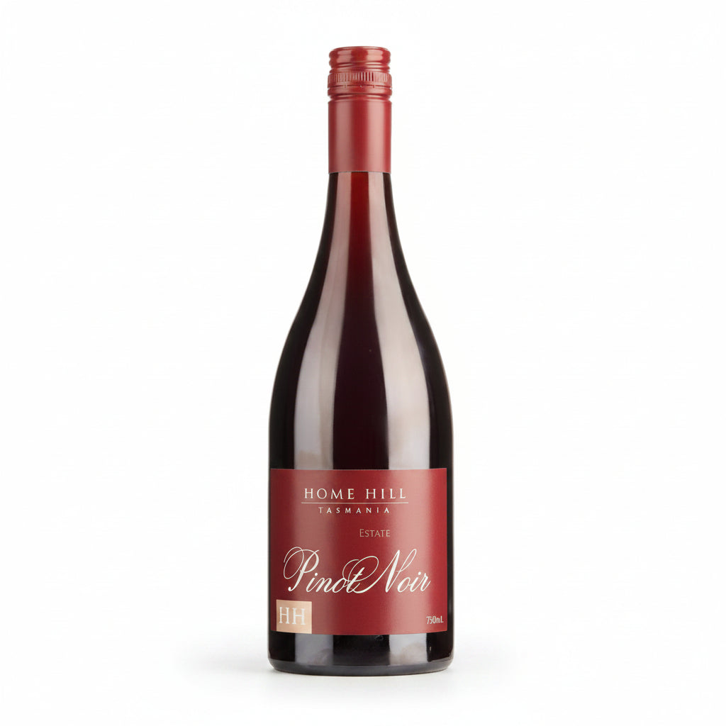 Bottle of Home Hill Estate Pinot Noir wine, 750mL, with a dark glass bottle and a label featuring vineyard imagery.