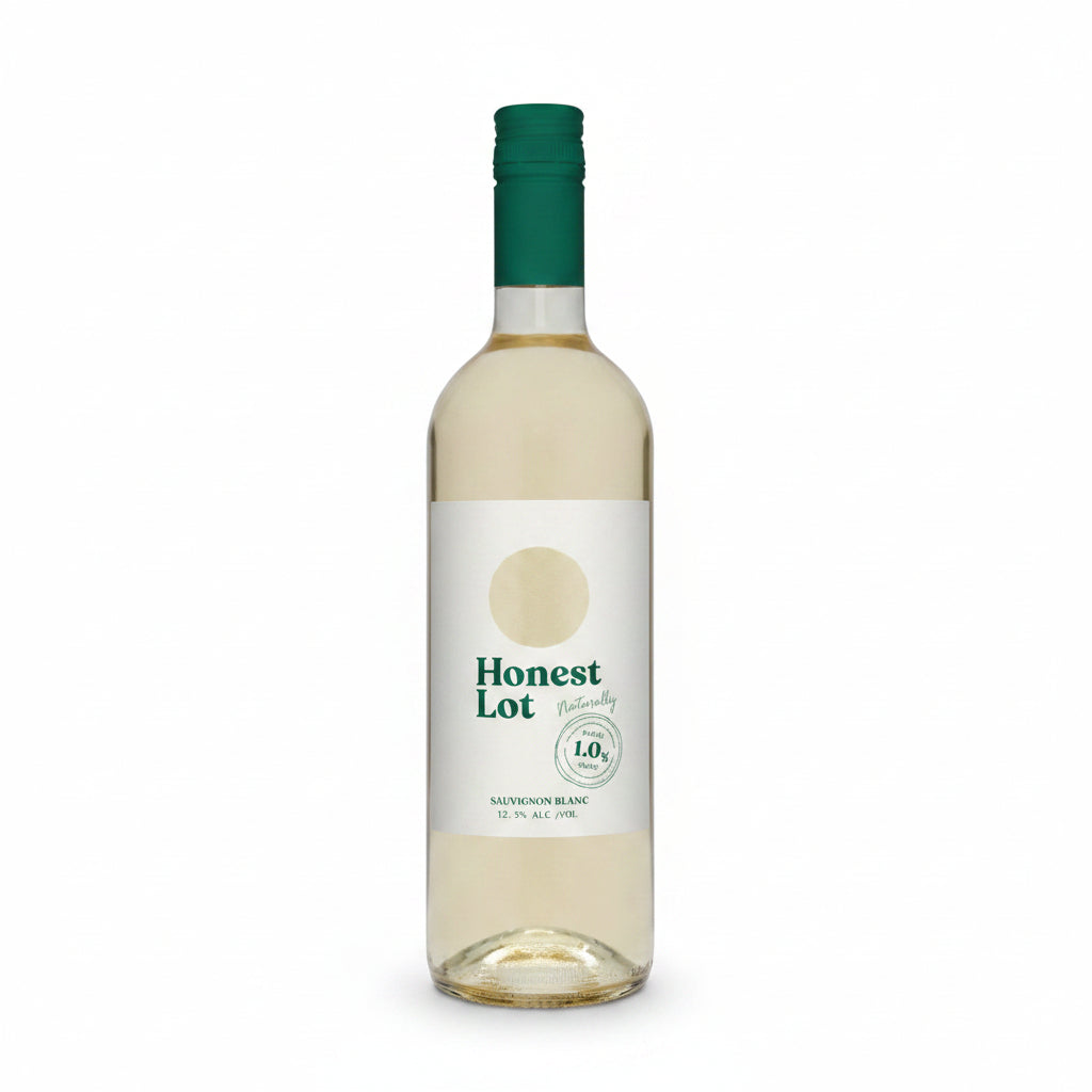 Honest Lot Sauvignon Blanc 750mL bottle with white label and cork, displayed on a wooden surface.