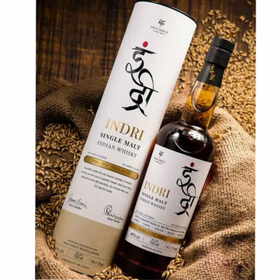 Bottle of Indri Single Malt Indian Whisky in a 750mL bottle, showcasing the whiskey's label and packaging.