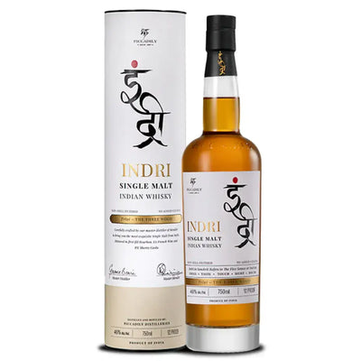 Bottle of Indri Single Malt Indian Whisky 750mL with amber liquid and label featuring the Indri brand name and design.