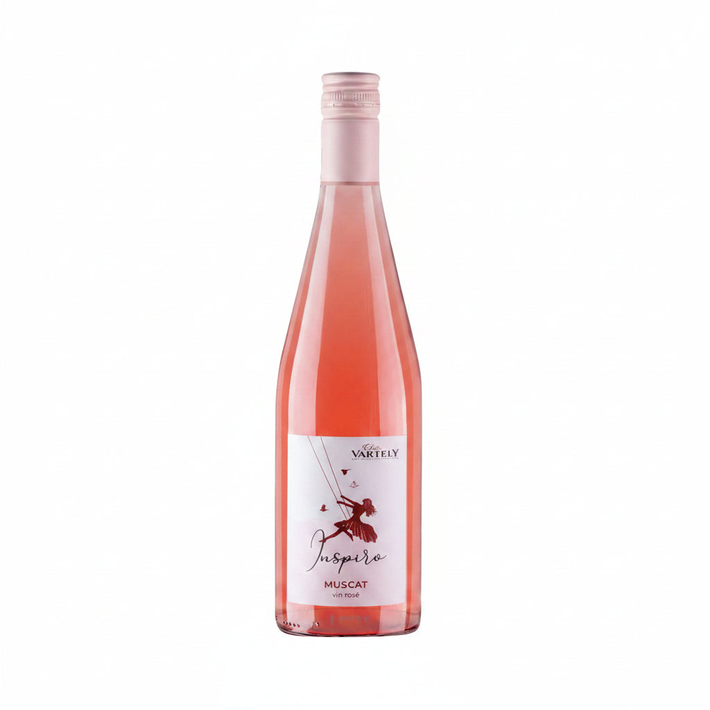 Inspiro Muscat Rose Vartely 750mL bottle with a pinkish wine in a clear glass, showcasing the elegant wine label.