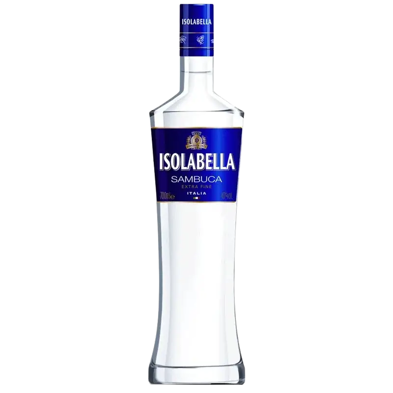 Buy Isolabella Sambuca, clear Italian anise liqueur in a tall blue and white bottle