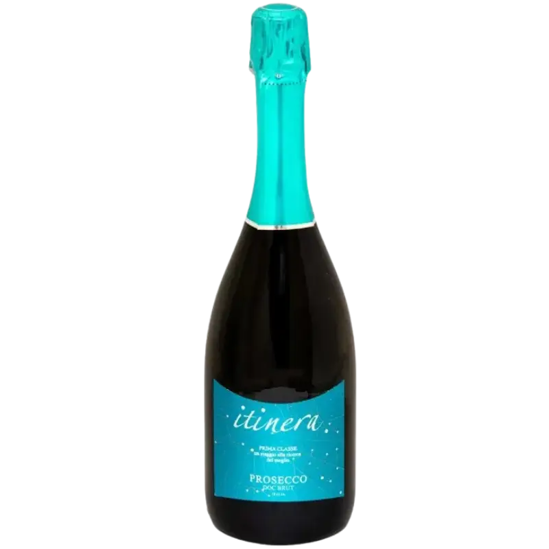 Buy Itinera Prosecco, Italian sparkling wine bottle with blue label and foil.
