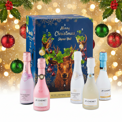 JP Chenet Advent Calendar with 12 mini 200mL wine bottles, festive packaging and colorful design.