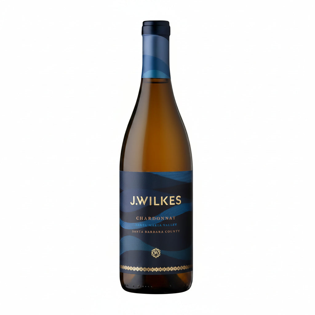Bottle of J Wilkes Chardonnay 750mL with a clear label and elegant glass, showcasing the wine's golden color.