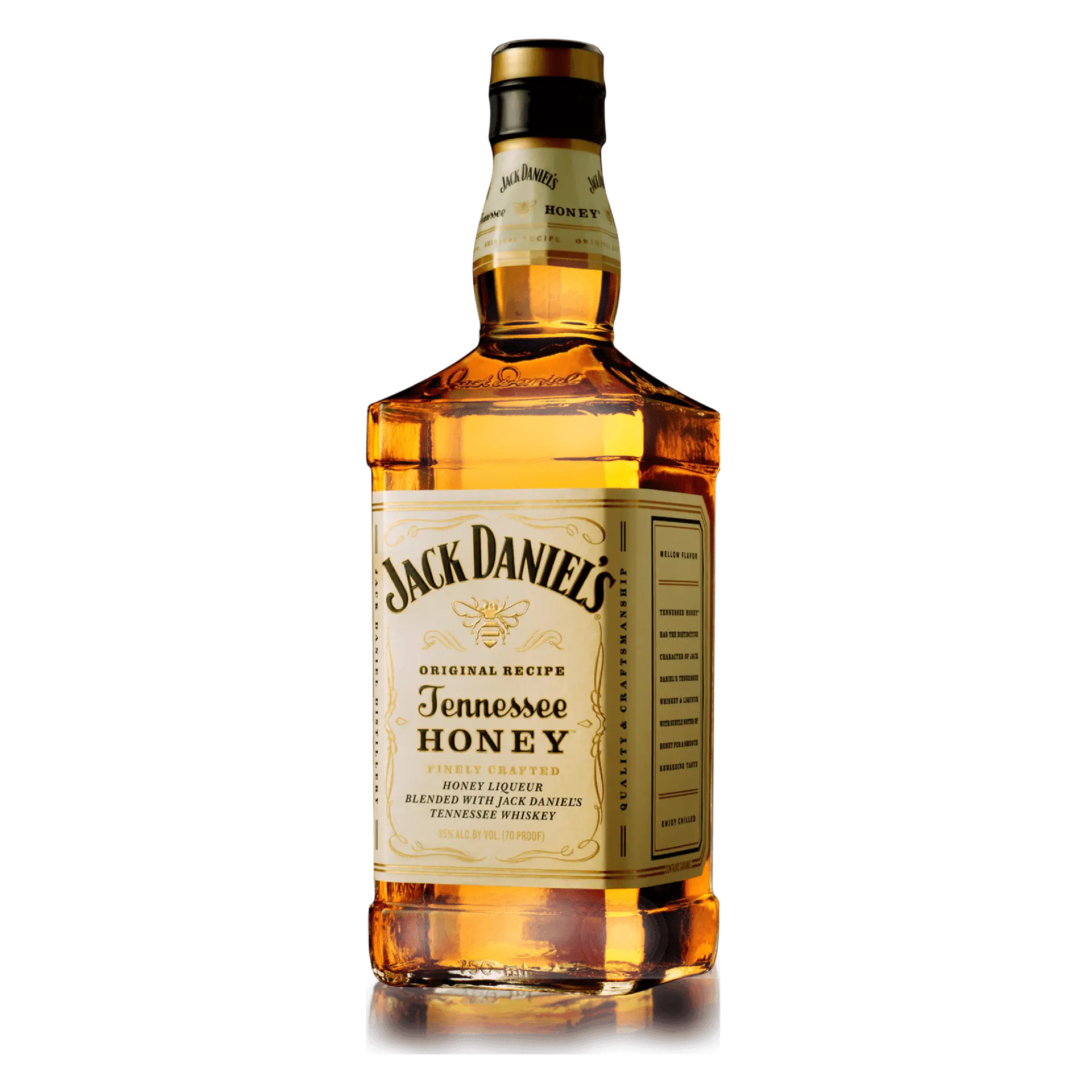 Buy Jack Daniel's Tennessee Honey whiskey liqueur bottle, honey-flavored whisky on black background