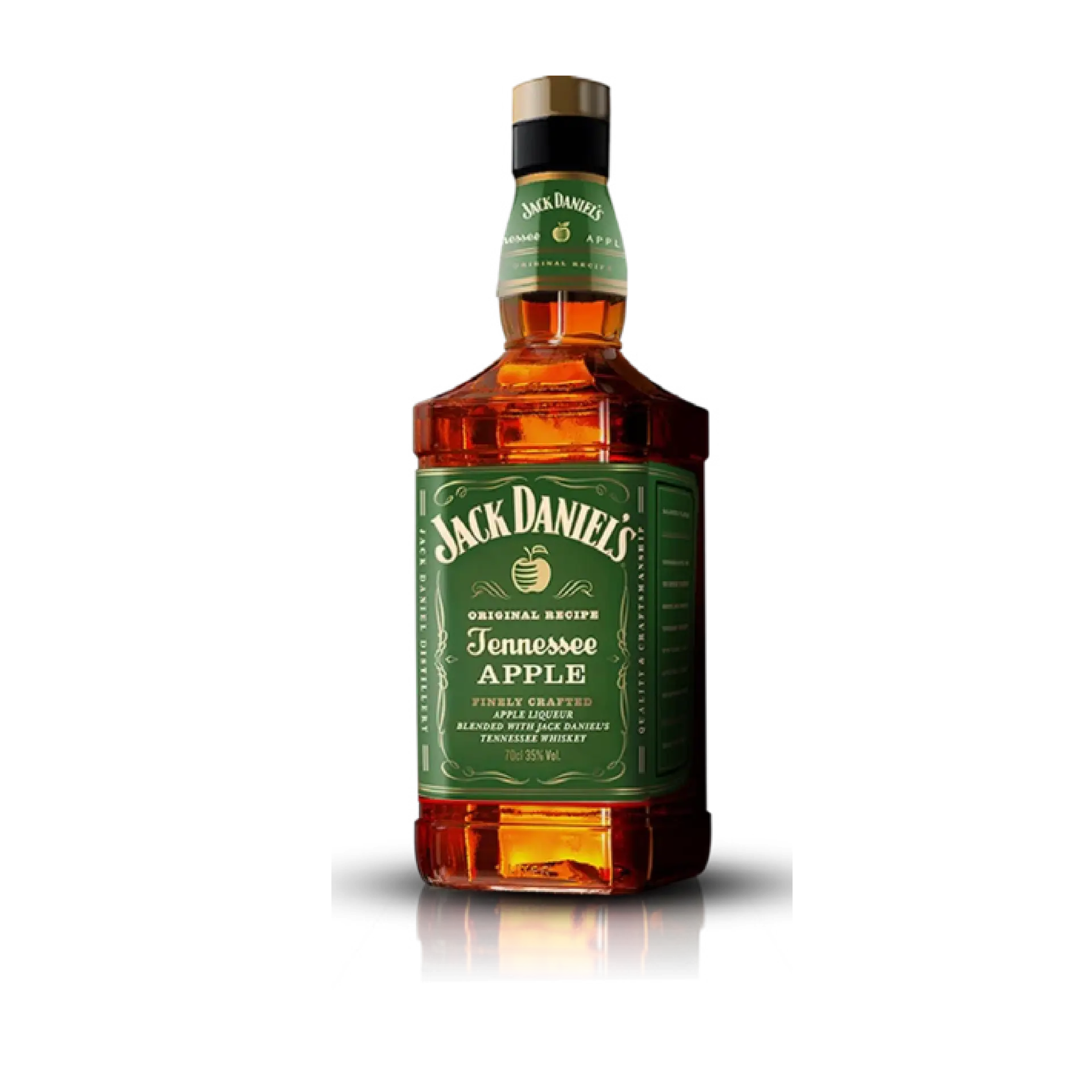 Buy Jack Daniel's Tennessee Apple, a green-labeled apple whiskey bottle on black background.